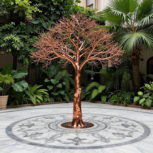 Photograph of a metallic bronze tree with bare branches, centered on a circular marble patio surrounded by lush greenery.