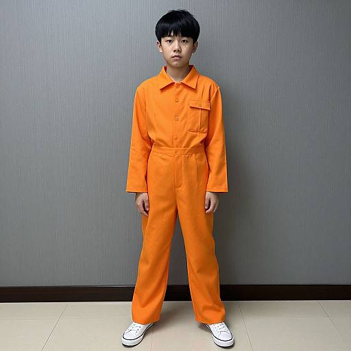 Photograph of an Asian boy with short black hair, wearing an orange prison jumpsuit and white sneakers, standing against a gray textured wall.