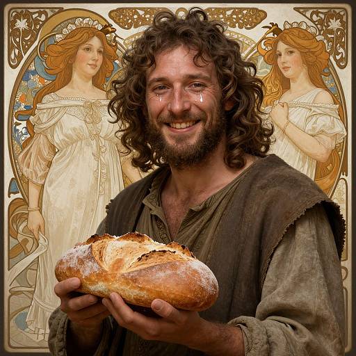 Digital artwork: Smiling bearded man with curly hair, wearing rustic clothes, holding a loaf of bread, flanked by two angelic women in