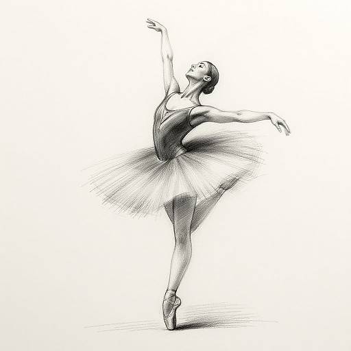 Black-and-white digital drawing of a ballet dancer in a tutu, poised on pointe, with one arm raised and the other extended.