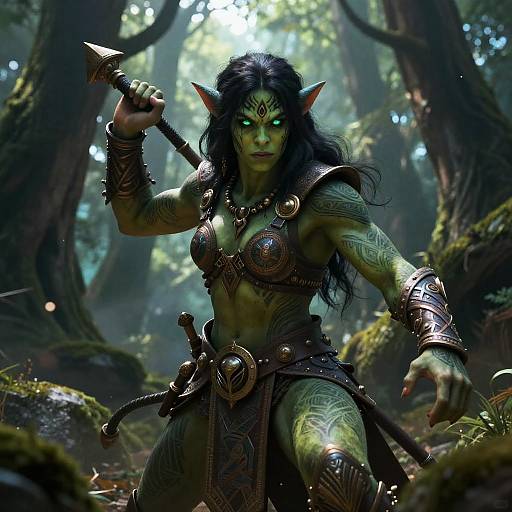 Digital art of a fierce, green-skinned, elf-like warrior woman with glowing eyes, black hair, and intricate armor, wielding a spear in a