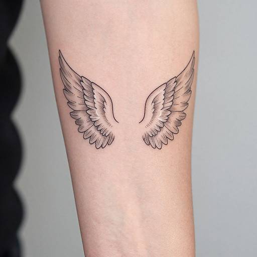 Photograph of a small, black ink tattoo of symmetrical, detailed feather wings on a light-skinned forearm against a plain background.