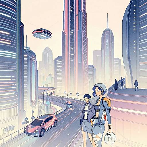 Digital anime-style illustration of a futuristic city with tall skyscrapers, flying car, and two women walking on a curved road.