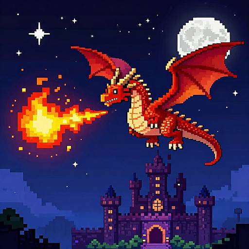 Pixel art of a red dragon with fiery breath flying above a purple castle under a full moonlit night sky.
