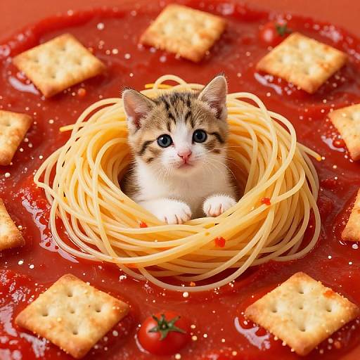 Adorable kitten with blue eyes and white and brown fur, nestled in a nest of spaghetti surrounded by tomato sauce and square crackers. Photorealistic image