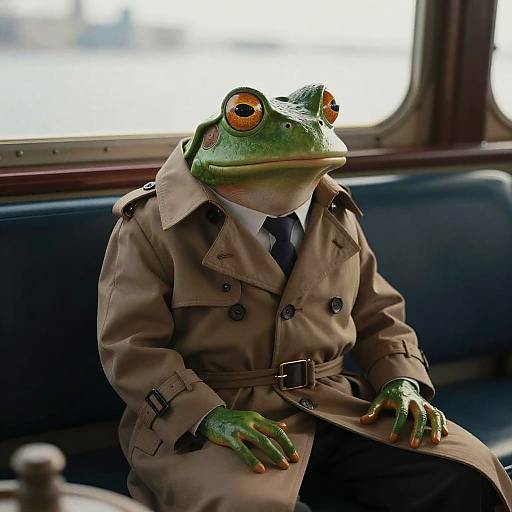 Frog in Detective Trench Coat on Boat