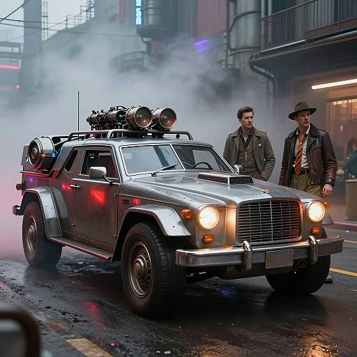 Photograph of a silver, vintage SUV with mounted guns, emitting smoke, driven on a wet urban street; two men in green jackets and brown hats