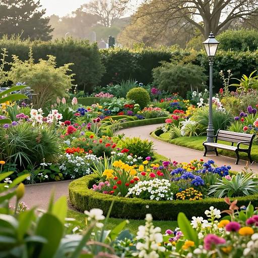 Photograph of a vibrant, sunlit garden with a winding brick path, colorful flowers, greenery, a black lamppost, and a wooden