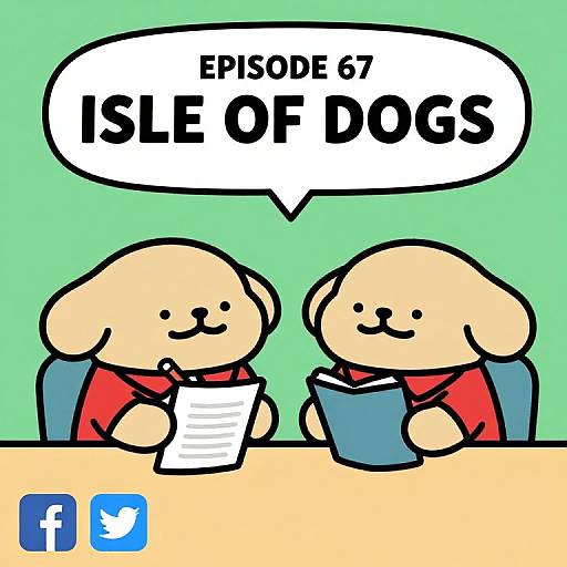 Cartoon of two smiling, beige dogs in red shirts reading papers at a desk, speech bubble says 