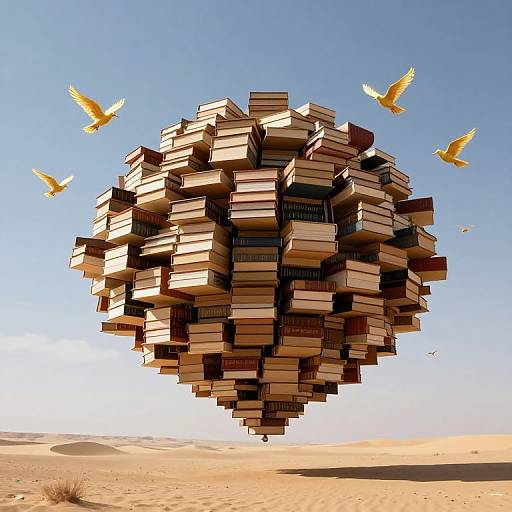 Photograph-like CGI of a floating, spherical structure made of stacked, open-book shelves in a desert, surrounded by yellow birds.