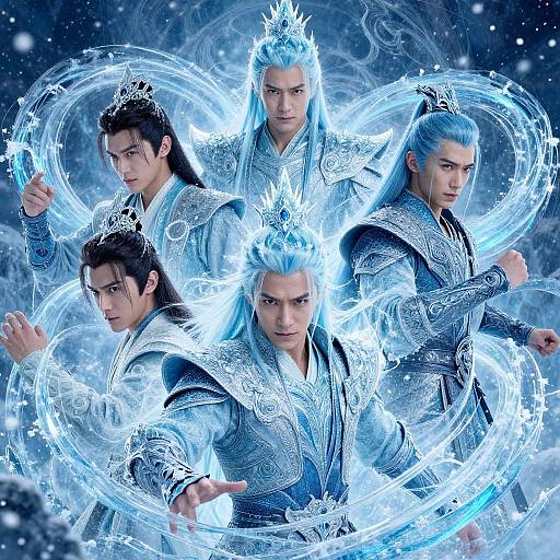 Photograph of four Asian men in elaborate, ice-blue, ornate armor with glowing ice crowns, surrounded by swirling blue magic in a snowy,