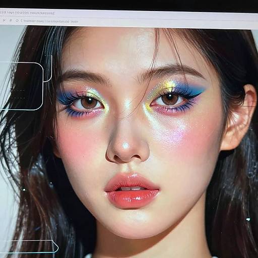 Photograph of an Asian woman with glowing skin, striking blue and yellow eyeshadow, pink blush, and glossy pink lips, against a white background