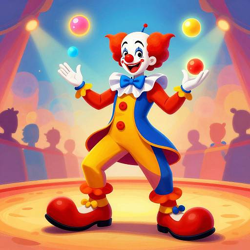 Colorful digital illustration of a joyful clown juggling three balls, wearing a blue and yellow outfit with red accents, under bright stage lights.
