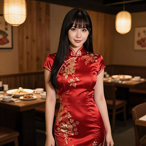Photograph of an Asian woman with long black hair, wearing a red, short-sleeve cheongsam with gold floral embroidery, standing in a
