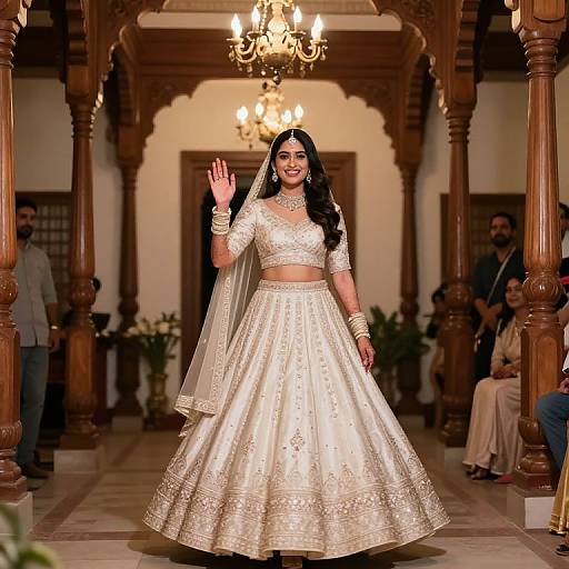 Photograph of a smiling South Asian bride in a white, embroidered lehenga and veil, waving in a grand, wooden, archway hall.