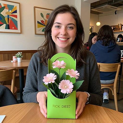 Photograph of a smiling woman with dark hair, wearing a gray sweater, holding a green 