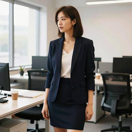 Businesswoman in Navy Blazer and Skirt in Office