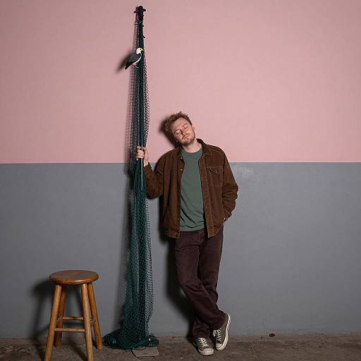 Man Leaning on Fishing Net Pole