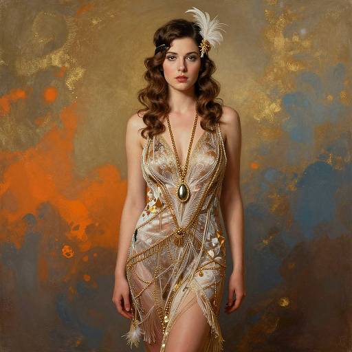 Photograph of a brunette woman with wavy hair, wearing a sheer, gold-chain adorned, vintage-style dress, white feather headpiece, and long