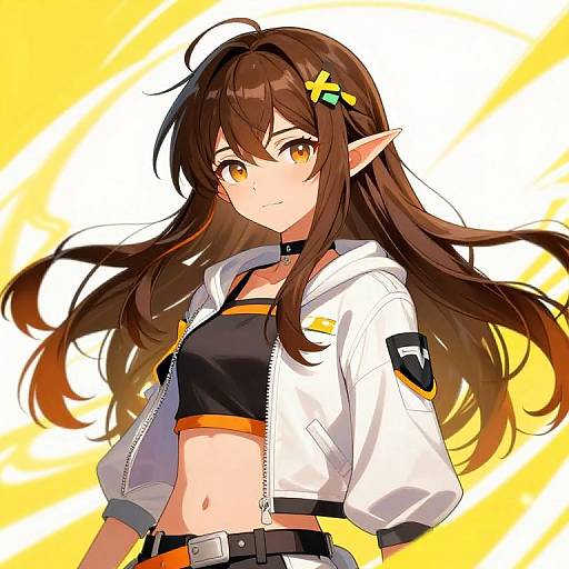 Anime-style digital illustration of a brown-haired, yellow-eyed elf girl with long hair, wearing a white jacket, black crop top, and black belt,