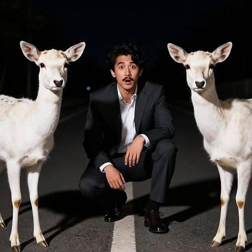Man in Suit with Deer on Road at Night