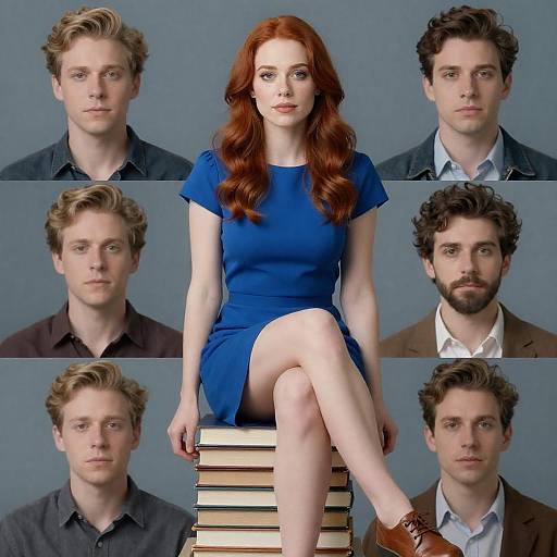 Red-haired Woman Sitting on Books with Men's Headshots