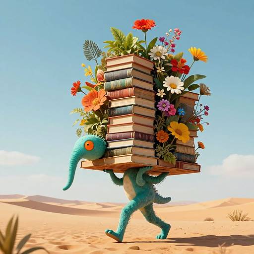 Digital illustration of a turquoise, cartoonish dinosaur carrying a massive stack of books topped with colorful flowers in a desert.