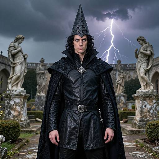 Photograph of a stern, dark-haired man in a black, ornate hooded cloak with a pointed helmet, standing in a stormy garden with