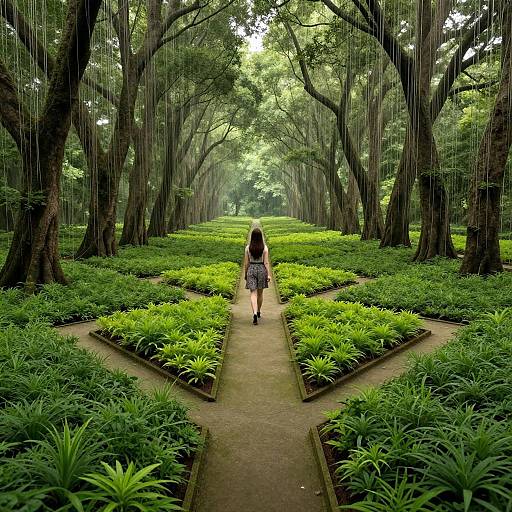 Photograph of a woman with long brown hair, wearing a patterned skirt, walking down a rain-soaked, tree-lined garden path with vibrant green