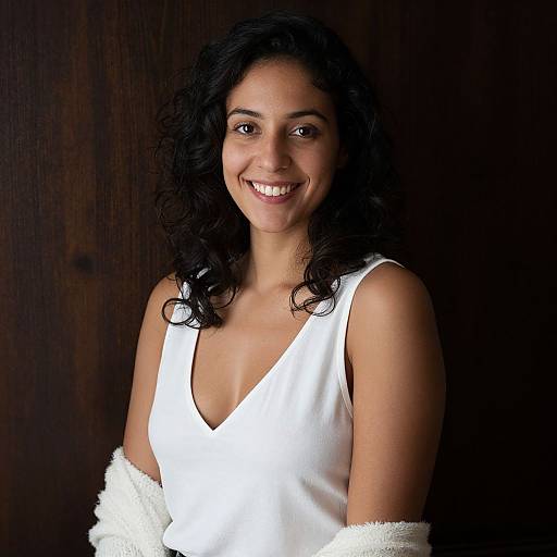 Photograph of a smiling woman with curly black hair, medium skin tone, wearing a white V-neck tank top and white off-shoulder sweater,