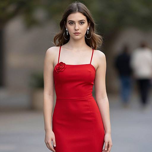 Photograph of a young woman with light skin and dark brown hair, wearing a red, form-fitting, spaghetti-strap dress with a rose detail