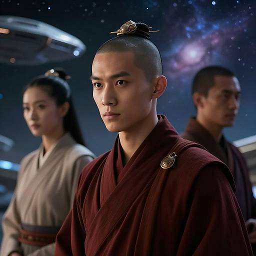 Photograph of three Asian martial artists with shaved heads, wearing traditional robes, standing against a starry, futuristic space background.