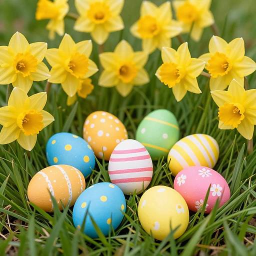 Photograph of colorful Easter eggs with stripes, dots, and patterns among vibrant yellow daffodils on green grass.