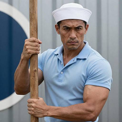 Muscular Sailor Holding Wooden Pole
