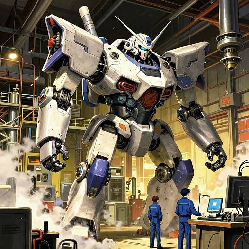 Digital artwork of a massive white and blue robot standing in an industrial workshop, with two technicians in blue uniforms, one working on a computer, the other