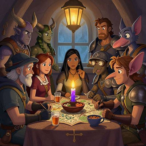 Fantasy RPG party gathered around a table with a lit candle, map, and drinks, illuminated by a lantern in a cozy tavern. Digital art.