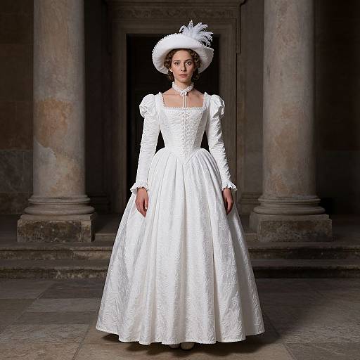 Photograph of a woman in an ornate, white, 18th-century-style ball gown with puffed sleeves, lace detailing, and a feather