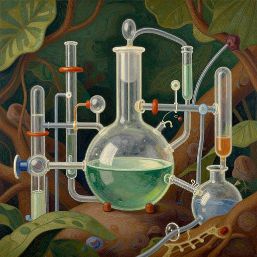 Digital artwork of a glass chemistry lab setup with test tubes, flasks, and beakers connected by tubes, set against a dark, leafy forest