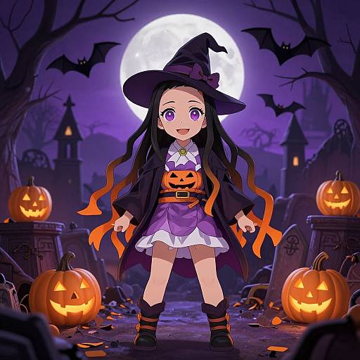Digital anime-style illustration of a cute, purple-eyed girl in a witch hat and orange pumpkin dress, standing in a spooky graveyard with glowing jack-o'-
