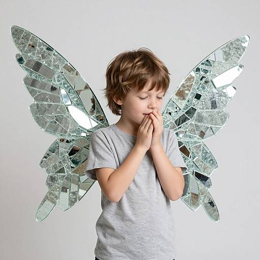 Photograph of a young boy with brown hair, wearing a grey t-shirt, praying with hands together, and having large, reflective glass fairy wings.