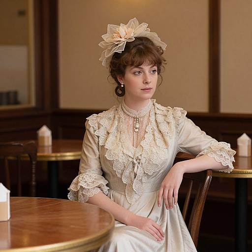 Photograph of a Victorian-era woman in a white lace dress and flowered headpiece, seated at a wooden table in a dimly lit, elegant