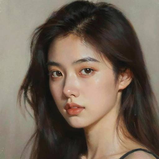 Digital portrait of an Asian woman with long, dark hair, fair skin, and brown eyes, wearing a black top, against a plain gray background.