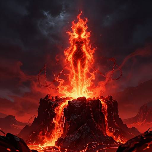 Digital artwork of a towering, fiery mountain with glowing red lava, chains, and a burning figure at its peak against a dark, stormy sky.