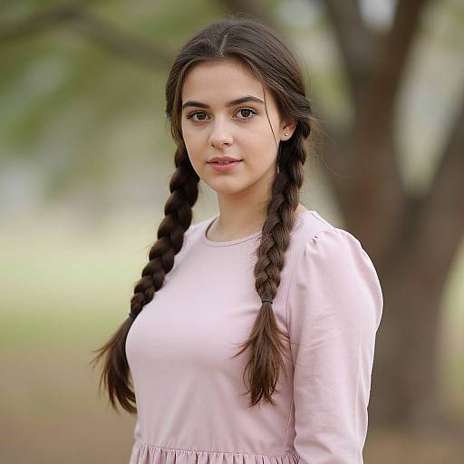Photograph of a young South Asian woman with long, dark braided hair, wearing a light pink long-sleeve shirt, standing outdoors with a