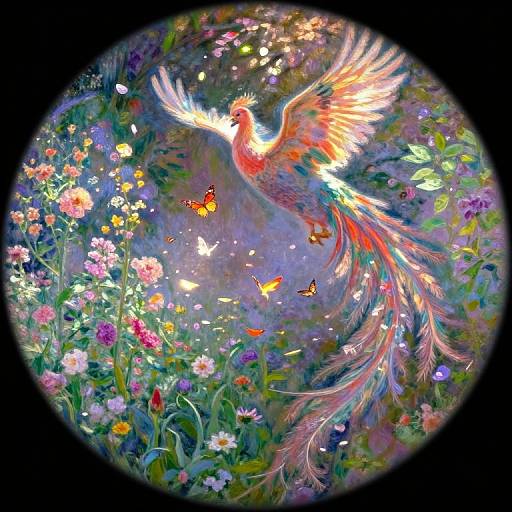 Vibrant digital painting of a multicolored phoenix with flowing tail, surrounded by colorful flowers and butterflies, viewed through a circular lens.