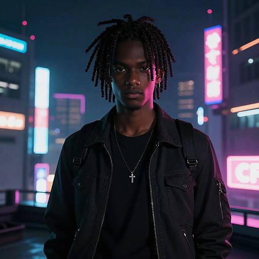 Photograph of a serious Black man with dreadlocks, wearing a black jacket and necklace with a cross, standing in a neon-lit urban night scene
