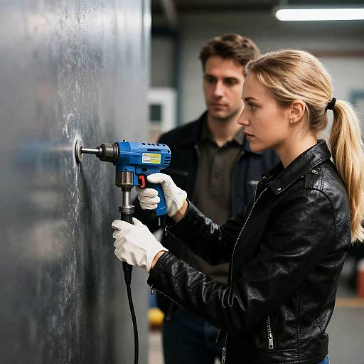 Blonde Woman Operating Drill in Industrial Scene
