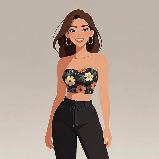 Digital illustration of a smiling, light-skinned woman with long brown hair, wearing a floral strapless crop top and black high-waisted pants,