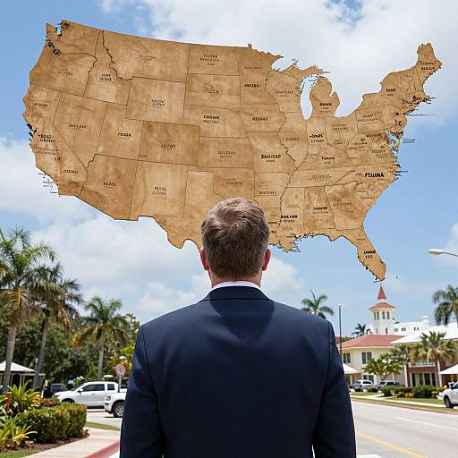 Photograph of a man in a black suit, viewed from behind, looking at a large, brown, map of the United States against a sunny,