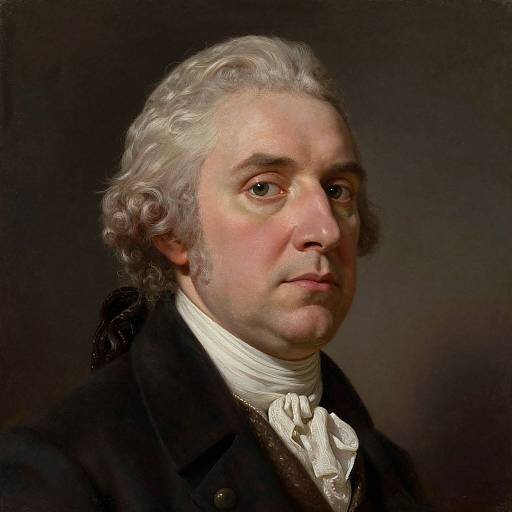 Oil painting of Benjamin Franklin, an older Caucasian man with white curly hair, wearing a black coat and white cravat, against a dark background.